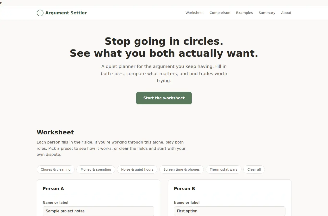Screenshot of Everyday Argument Settler interface showing the project page in use